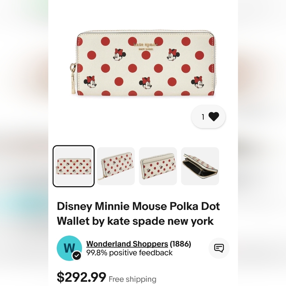 Disney—Kate Spade NY Minnie Mouse Continental Wallet. Polka Dots. NWT